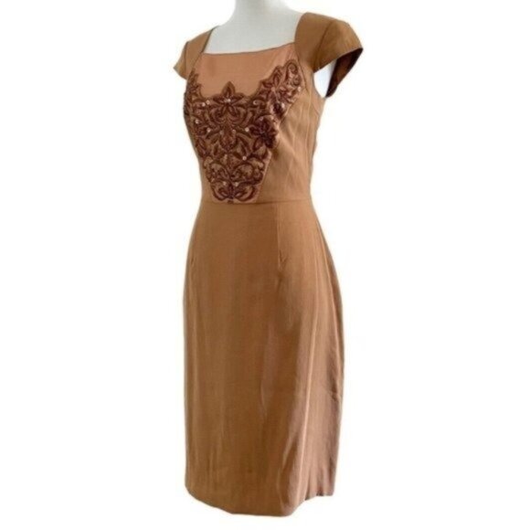 Antonio Melani Cap Sleeve Square Neck Beaded Bodice Copper Sheath Dress Size 2 - Picture 3 of 8